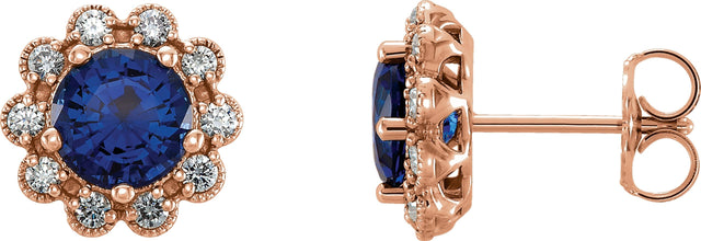 14K Gold Lab-Grown Blue Sapphire & Natural Diamond Round 4-Prong Halo-Style Earrings – 5-6.5mm Stones - Rose Gold