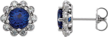 14K Gold Lab-Grown Blue Sapphire & Natural Diamond Round 4-Prong Halo-Style Earrings – 5-6.5mm Stones - White Gold