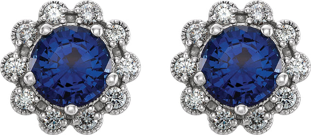 14K Gold Lab-Grown Blue Sapphire & Natural Diamond Round 4-Prong Halo-Style Earrings – 5-6.5mm Stones - White Gold - view 2