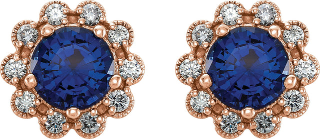 14K Gold Lab-Grown Blue Sapphire & Natural Diamond Round 4-Prong Halo-Style Earrings – 5-6.5mm Stones - Rose Gold - view 2