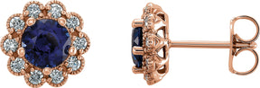 14K Gold Lab-Grown Blue Sapphire & Natural Diamond Round 4-Prong Halo-Style Earrings – 5-6.5mm Stones - Rose Gold