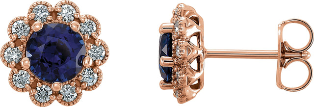 14K Gold Lab-Grown Blue Sapphire & Natural Diamond Round 4-Prong Halo-Style Earrings – 5-6.5mm Stones - Rose Gold