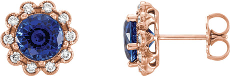 14K Gold Lab-Grown Blue Sapphire & Natural Diamond Round 4-Prong Halo-Style Earrings – 5-6.5mm Stones - Rose Gold