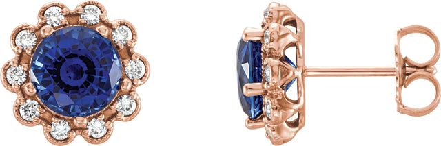 14K Gold Lab-Grown Blue Sapphire & Natural Diamond Round 4-Prong Halo-Style Earrings – 5-6.5mm Stones - Rose Gold