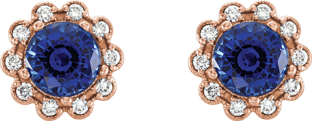 14K Gold Lab-Grown Blue Sapphire & Natural Diamond Round 4-Prong Halo-Style Earrings – 5-6.5mm Stones - Rose Gold - view 2
