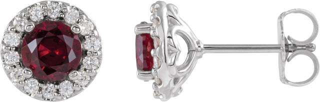 14K Gold Natural Ruby Round 4-Prong Halo-Style Earrings II - White Gold