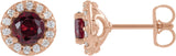 14K Gold Natural Ruby Round 4-Prong Halo-Style Earrings II - Rose Gold
