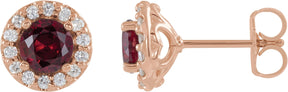 14K Gold Natural Ruby Round 4-Prong Halo-Style Earrings II - Rose Gold