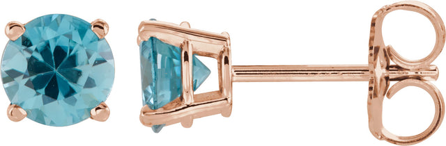14K Gold Natural Blue Zircon Round 4-Prong Lightweight Stud Earrings - Rose Gold