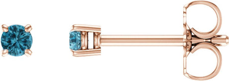 14K Gold Natural Blue Zircon Round 4-Prong Lightweight Stud Earrings – 2.5-6mm Stones - Rose Gold