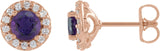 14K Gold Natural Amethyst Round 4-Prong Halo-Style Earrings – 3-8mm Stones - Rose Gold
