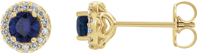 14K Gold Natural Blue Sapphire Round 4-Prong Halo-Style Earrings – 3-8mm Stones - Yellow Gold