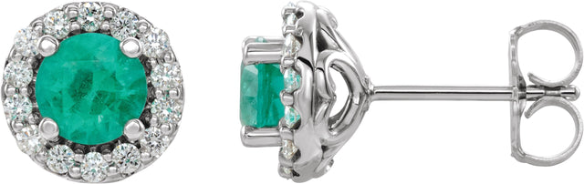 Platinum Natural Emerald Round 4-Prong Halo-Style Earrings II