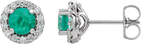 Platinum Lab-Grown Emerald Round 4-Prong Halo-Style Earrings – 3-8mm Stones