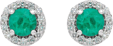 Platinum Natural Emerald Round 4-Prong Halo-Style Earrings II - view 2