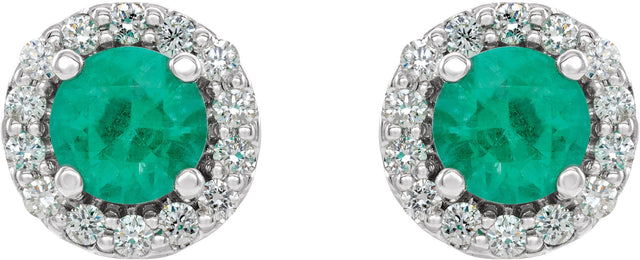 Platinum Natural Emerald Round 4-Prong Halo-Style Earrings II - view 2