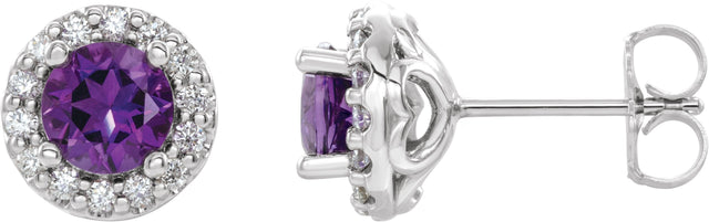 14K Gold Natural Amethyst Round 4-Prong Halo-Style Earrings – 3-8mm Stones - White Gold