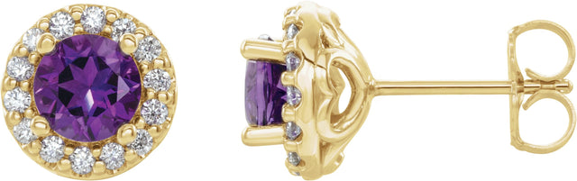 14K Gold Natural Amethyst Round 4-Prong Halo-Style Earrings – 3-8mm Stones - Yellow Gold