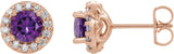 14K Gold Natural Amethyst Round 4-Prong Halo-Style Earrings – 3-8mm Stones - Rose Gold