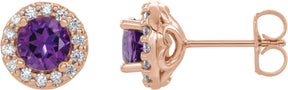 14K Gold Natural Amethyst Round 4-Prong Halo-Style Earrings – 3-8mm Stones - Rose Gold