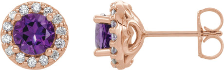 14K Gold Natural Amethyst Round 4-Prong Halo-Style Earrings – 3-8mm Stones - Rose Gold