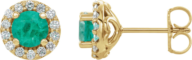 14K Gold Natural Emerald Round 4-Prong Halo-Style Earrings II - Yellow Gold