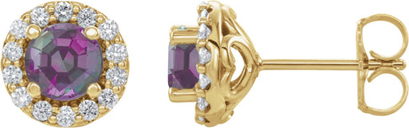 14K Gold Lab-Grown Alexandrite Round 4-Prong Halo-Style Earrings – 3-8mm Stones - Yellow Gold