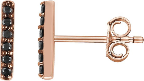 14K Gold Round Natural Black Diamond Bar Earrings - Rose Gold
