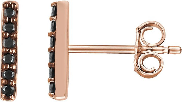 14K Gold Round Natural Black Diamond Bar Earrings - Rose Gold