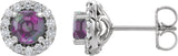 Platinum Lab-Grown Alexandrite Round 4-Prong Halo-Style Earrings – 3-8mm Stones
