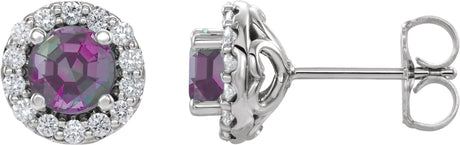 Platinum Lab-Grown Alexandrite Round 4-Prong Halo-Style Earrings – 3-8mm Stones