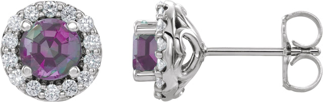 Platinum Lab-Grown Alexandrite Round 4-Prong Halo-Style Earrings – 3-8mm Stones