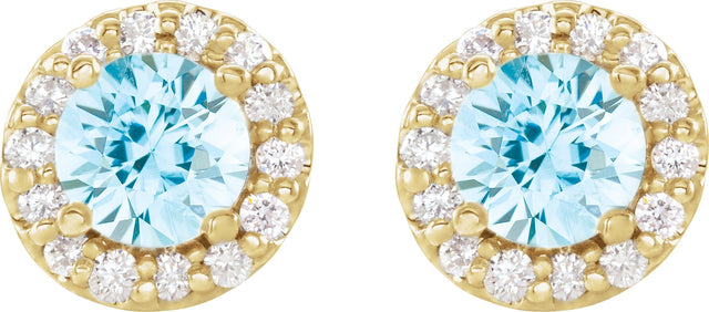 14K Gold Natural Aquamarine Round 4-Prong Halo-Style Earrings – 3-6.5mm Stones - Yellow Gold - view 2