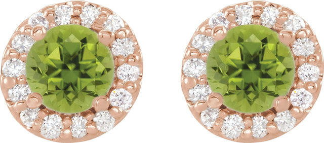 14K Gold Natural Peridot Round 4-Prong Halo-Style Earrings – 3-8mm Stones - Rose Gold - view 2