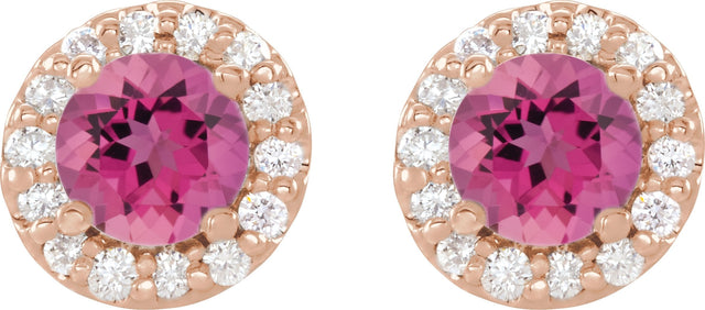 14K Gold Natural Pink Tourmaline Round 4-Prong Halo-Style Earrings II - Rose Gold - view 2
