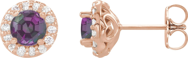14K Gold Lab-Grown Alexandrite Round 4-Prong Halo-Style Earrings – 3-8mm Stones - Rose Gold