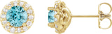 14K Gold Natural Blue Zircon Round 4-Prong Halo-Style Earrings II - Yellow Gold
