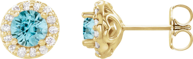 14K Gold Natural Blue Zircon Round 4-Prong Halo-Style Earrings II - Yellow Gold
