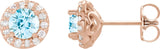 14K Gold Natural Aquamarine Round 4-Prong Halo-Style Earrings – 3-6.5mm Stones - Rose Gold