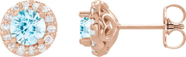 14K Gold Natural Aquamarine Round 4-Prong Halo-Style Earrings – 3-6.5mm Stones - Rose Gold