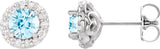 14K Gold Natural Aquamarine Round 4-Prong Halo-Style Earrings – 3-6.5mm Stones - White Gold