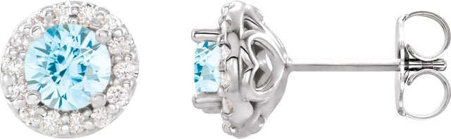 14K Gold Natural Aquamarine Round 4-Prong Halo-Style Earrings – 3-6.5mm Stones - White Gold