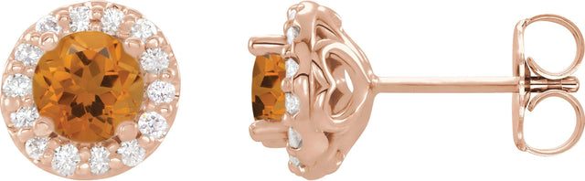 14K Gold Natural Citrine Round 4-Prong Halo-Style Earrings – 3-8mm Stones - Rose Gold