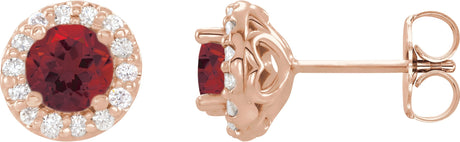 14K Gold Natural Mozambique Garnet Round 4-Prong Halo-Style Earrings – 3-8mm Stones - Rose Gold