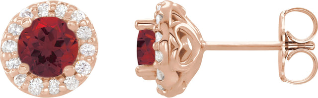 14K Gold Natural Mozambique Garnet Round 4-Prong Halo-Style Earrings – 3-8mm Stones - Rose Gold