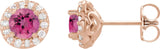 14K Gold Natural Pink Tourmaline Round 4-Prong Halo-Style Earrings II - Rose Gold