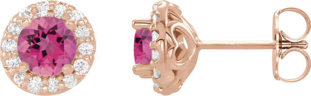 14K Gold Natural Pink Tourmaline Round 4-Prong Halo-Style Earrings II - Rose Gold