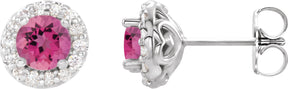 Platinum Natural Pink Tourmaline Round 4-Prong Halo-Style Earrings II