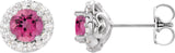 14K Gold Natural Pink Tourmaline Round 4-Prong Halo-Style Earrings II - White Gold