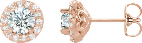 14K Gold Natural White Sapphire Round 4-Prong Halo-Style Earrings II - Rose Gold